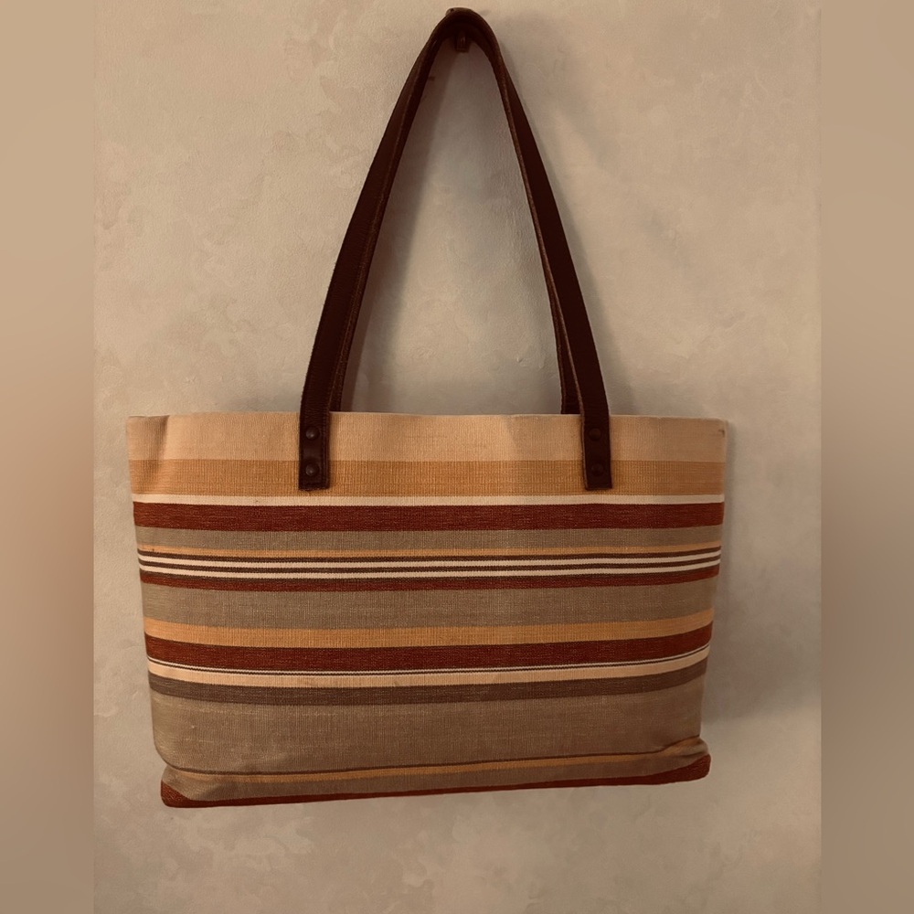 Restoration Hardware Large Striped Canvas Tote Bag Leather Straps